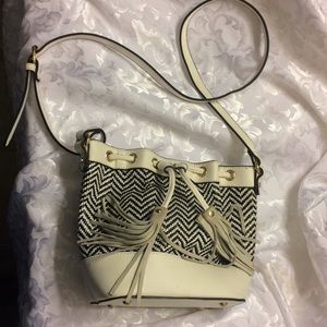 White leather w/Black &white straw bucket bag